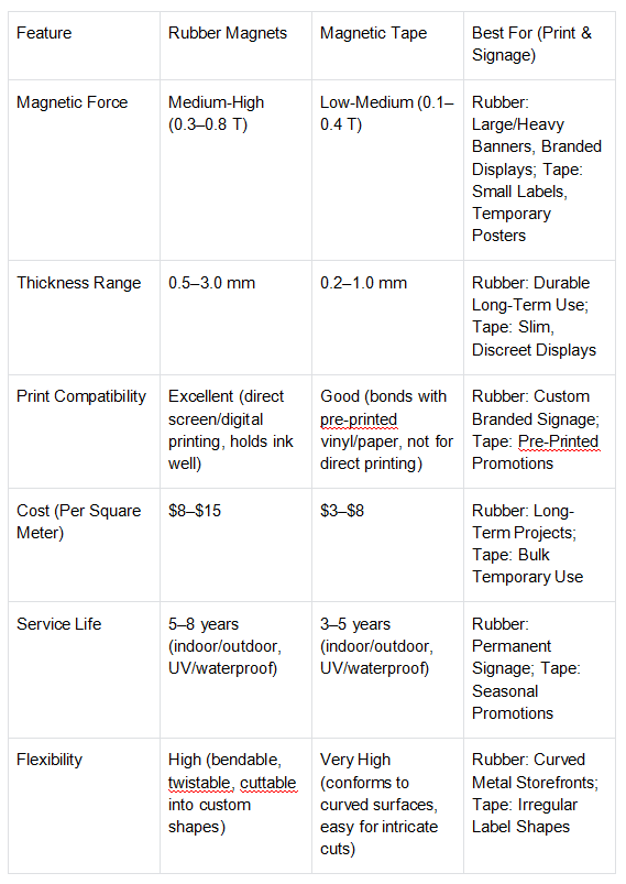 Detailed Comparison Table: Rubber Magnets vs Magnetic Tape Detailed Comparison Table: Rubber Magnets vs Magnetic Tape